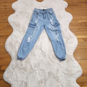 FashionNova Blue High Waisted Ripped Jogger Pants